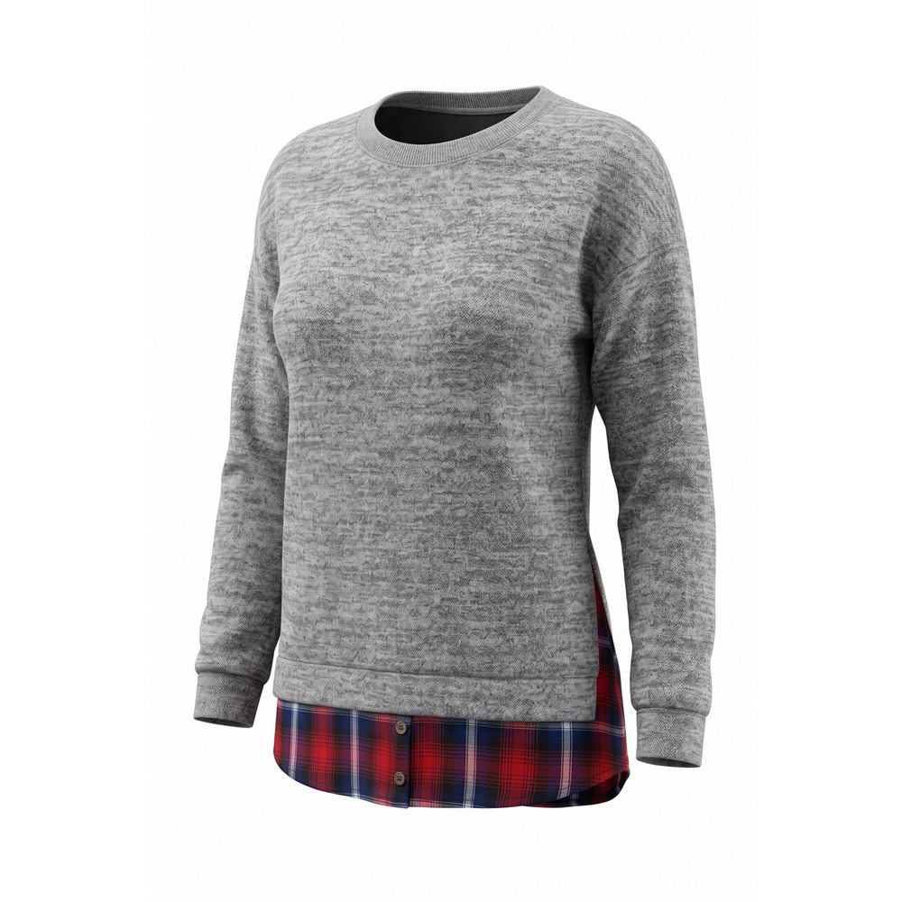 Doe & Rae Grey Marl Plaid Layered Sweatshirt Women Small Mixed Media Top S8124T